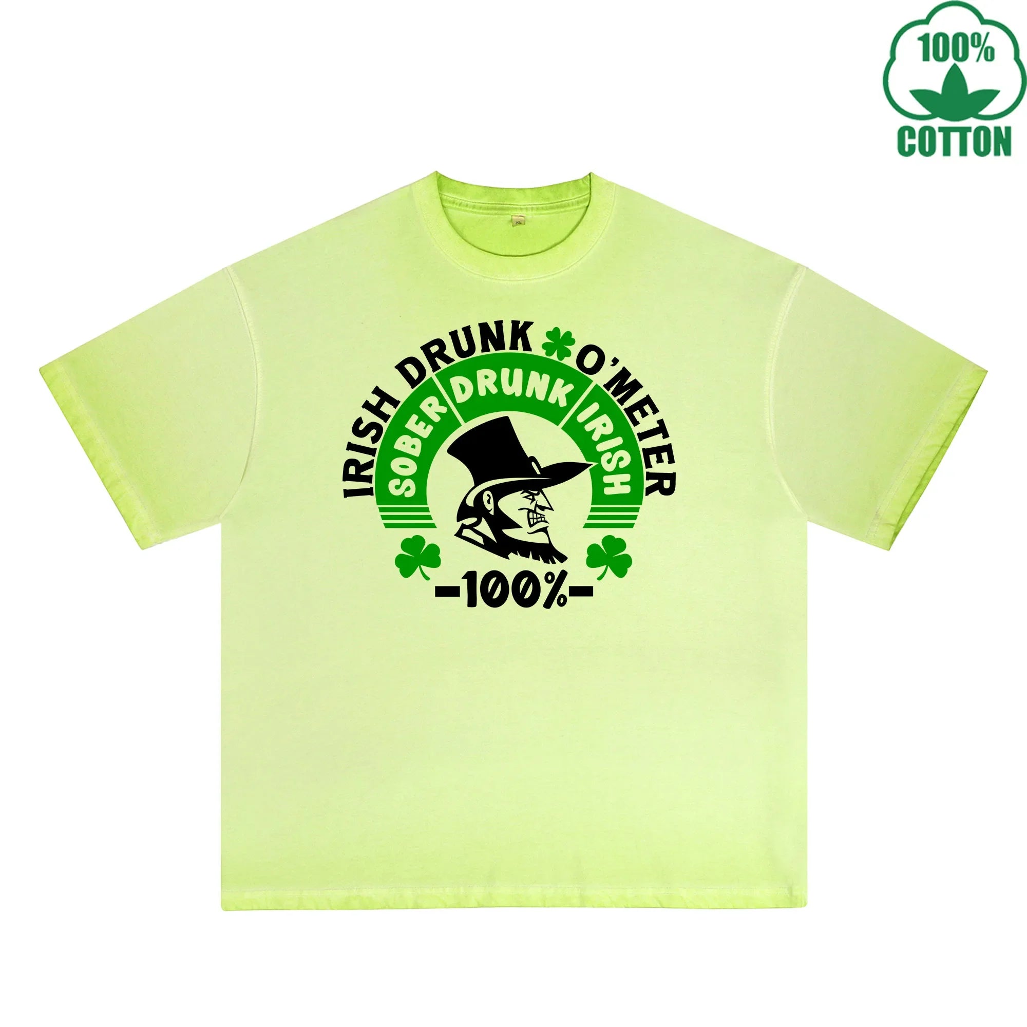 BOGGO  Irish Drunk Meter Printed Dirty Wash T-Shirt 230G Multicolor Loose Trendy Fashionable 100%Cotton Short Sleeve Top