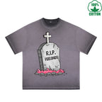 BOGGO  RIP Feelings Printed Dirty Wash T-Shirt 230G Multicolor Loose Trendy Fashionable 100%Cotton Short Sleeve Top