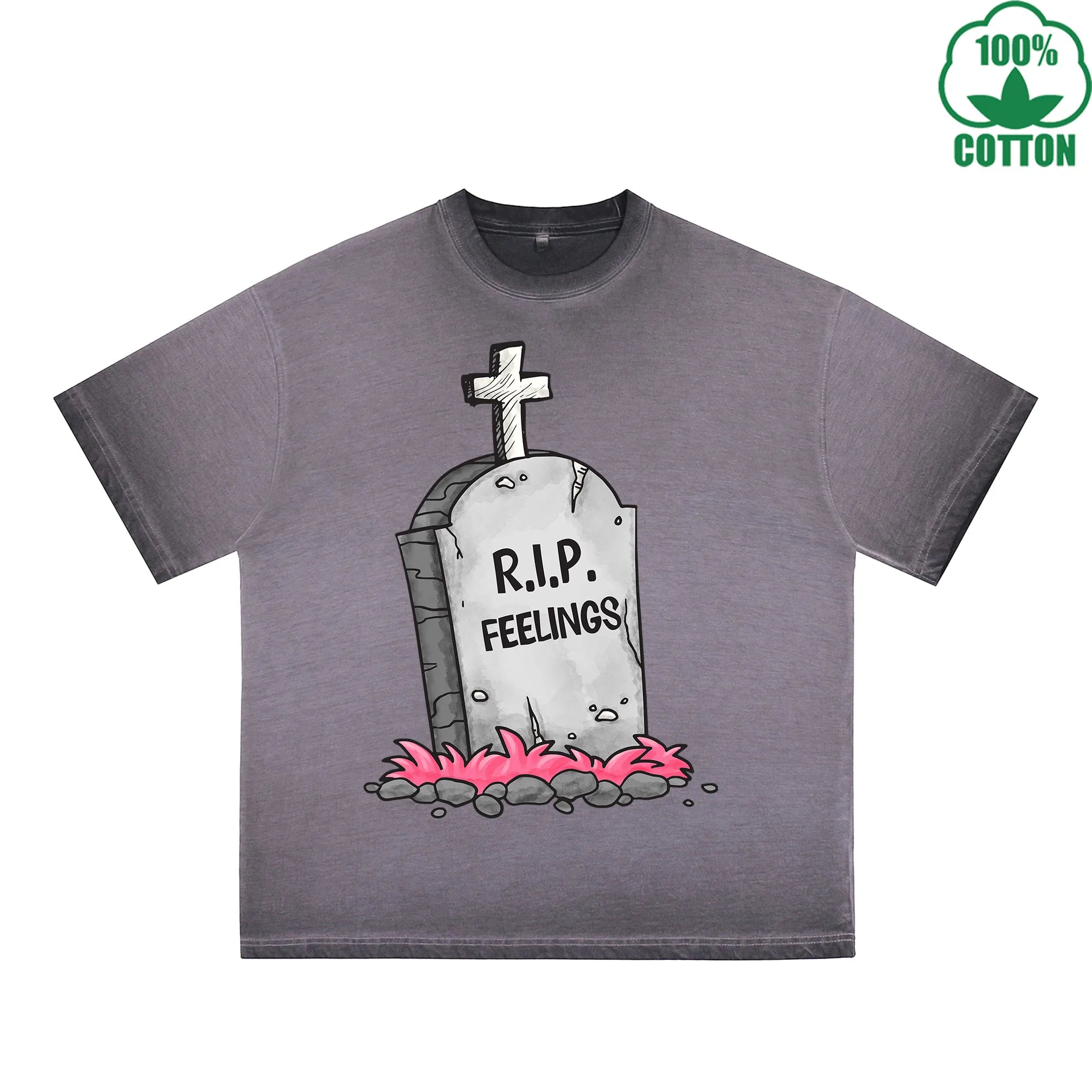 BOGGO  RIP Feelings Printed Dirty Wash T-Shirt 230G Multicolor Loose Trendy Fashionable 100%Cotton Short Sleeve Top