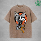 BOGGO  Red Crowned CraneInterest Printed Washed T-Shirt 230G Multicolor Loose Trendy Fashionable 100%Cotton Short Sleeve Top
