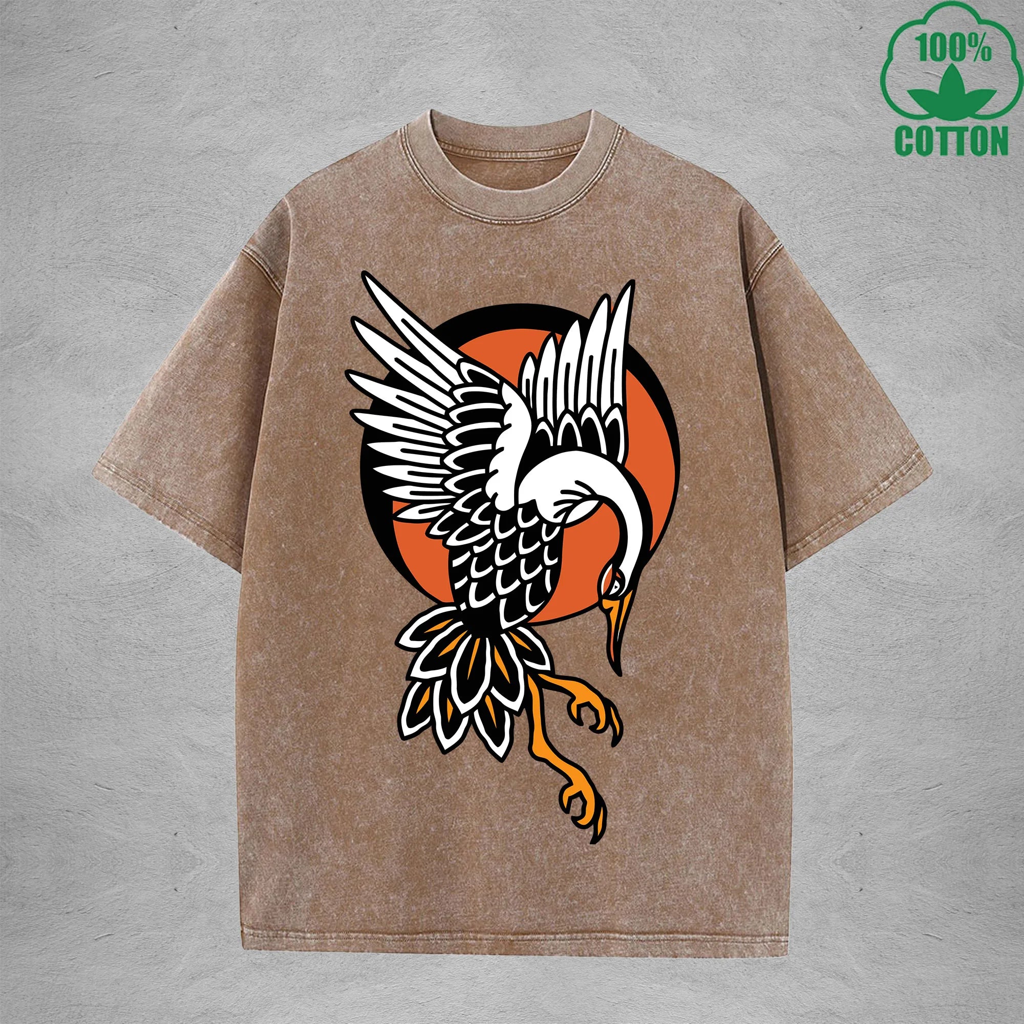 BOGGO  Red Crowned CraneInterest Printed Washed T-Shirt 230G Multicolor Loose Trendy Fashionable 100%Cotton Short Sleeve Top