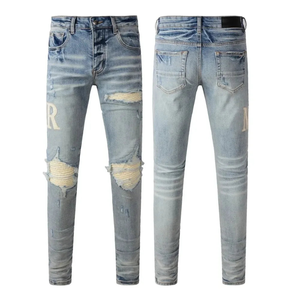 BOGGO Streetwear Men Jeans Fashion Trend American High Street Retro wash Low Rise Elastic Skinny Pleated Ripped Denim Pants