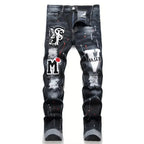 BOGGO Men y2k Stretchy Denim jeans Ripped Skinny Letter Print elastic waist Casual pants for men Hole Slim Fit Denim Hip Hop Trousers
