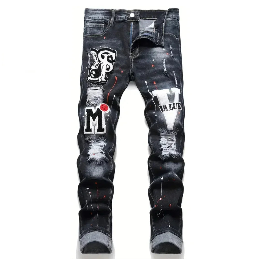 BOGGO Men y2k Stretchy Denim jeans Ripped Skinny Letter Print elastic waist Casual pants for men Hole Slim Fit Denim Hip Hop Trousers