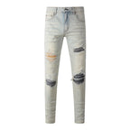 BOGGO Streetwear Men Jeans Fashion Trend American High Street Retro wash Low Rise Elastic Skinny Pleated Ripped Denim Pants
