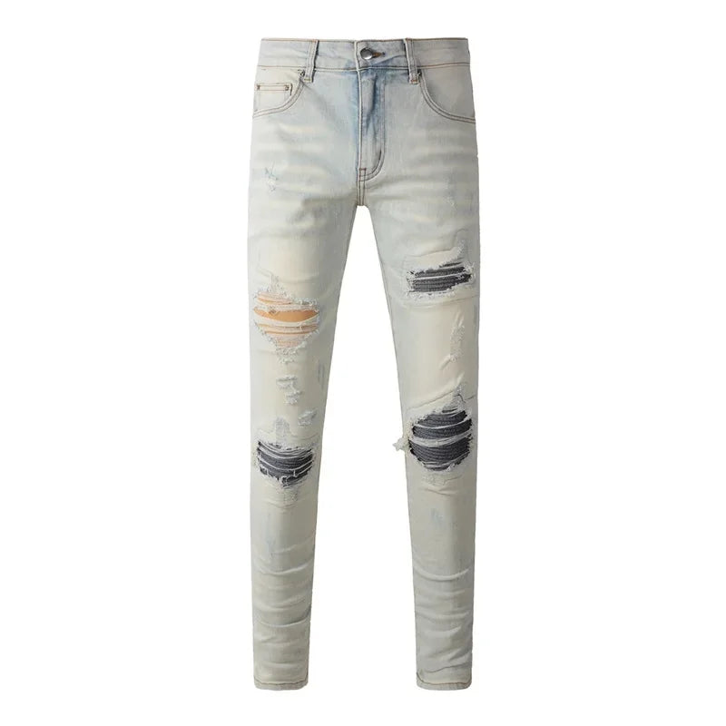 BOGGO Streetwear Men Jeans Fashion Trend American High Street Retro wash Low Rise Elastic Skinny Pleated Ripped Denim Pants