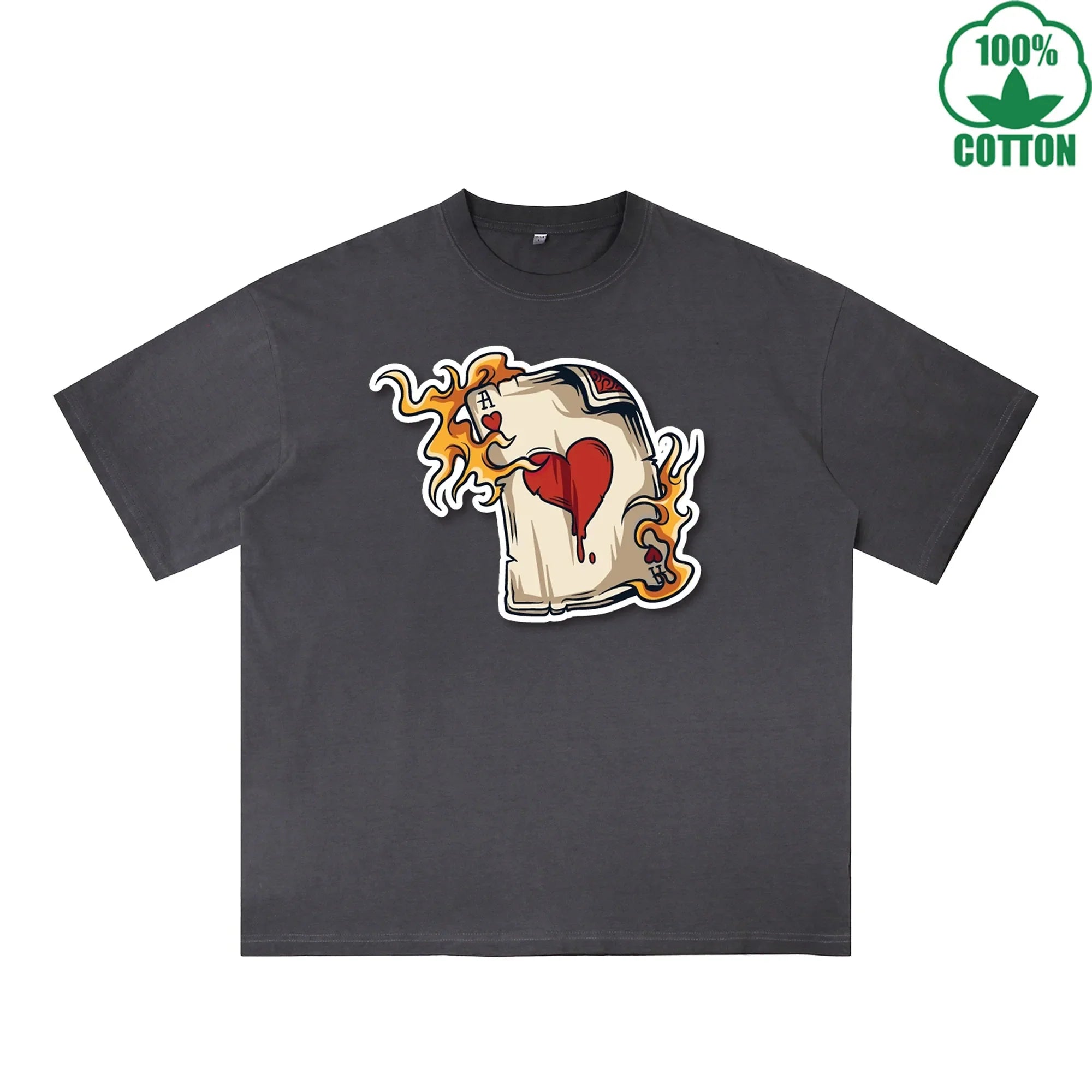 BOGGO  Burning Poker Printed Dirty WashT-Shirt 230G Multicolor Loose Trendy Short Sleeves Fashionable 100%Cotton Top