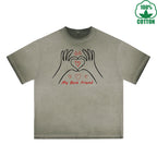 BOGGO  My Best Friend Printed Dirty Wash T-Shirt 230G Multicolor Loose Trendy Fashionable 100%Cotton Short Sleeve Top