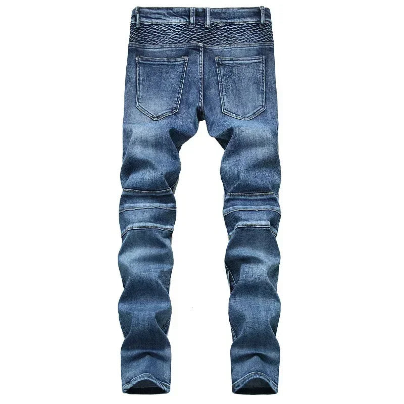 BOGGO Men's New Casual Motorcycle Jeans Hip Hop Street Riding Stretch Slim Fit Straight Pants Patchwork Fashion Denim Trousers Male