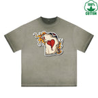 BOGGO  Burning Poker Printed Dirty WashT-Shirt 230G Multicolor Loose Trendy Short Sleeves Fashionable 100%Cotton Top