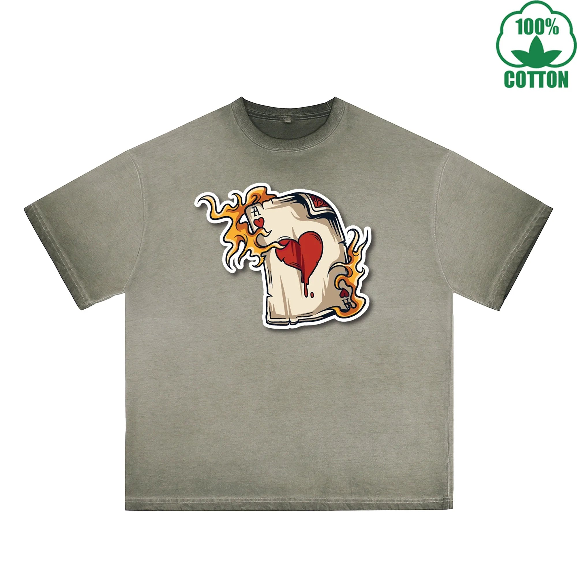 BOGGO  Burning Poker Printed Dirty WashT-Shirt 230G Multicolor Loose Trendy Short Sleeves Fashionable 100%Cotton Top