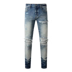 BOGGO Streetwear Men Jeans Fashion Trend American High Street Retro wash Low Rise Elastic Skinny Pleated Ripped Denim Pants