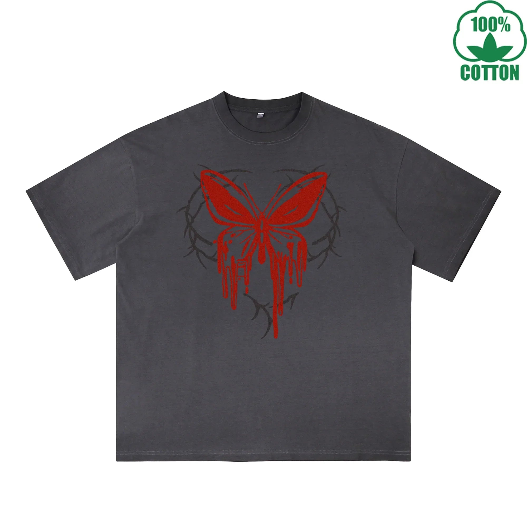 BOGGO  Blood Butterfly Printed Dirty WashT-Shirt 230G Multicolor Loose Trendy Fashionable 100%Cotton Short Sleeve Top