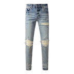 BOGGO Streetwear Men Jeans Fashion Trend American High Street Retro wash Low Rise Elastic Skinny Pleated Ripped Denim Pants