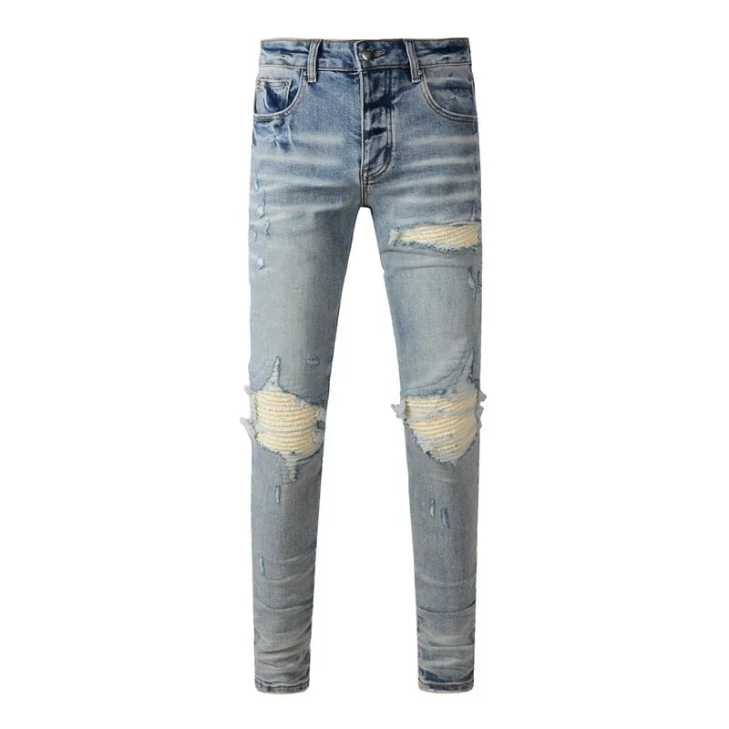 BOGGO Streetwear Men Jeans Fashion Trend American High Street Retro wash Low Rise Elastic Skinny Pleated Ripped Denim Pants