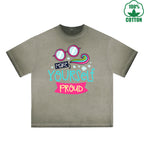 BOGGO  Make Yourself Proud Printed Dirty WashT-Shirt 230G Multicolor Loose Trendy Fashionable 100%Cotton Short Sleeve Top