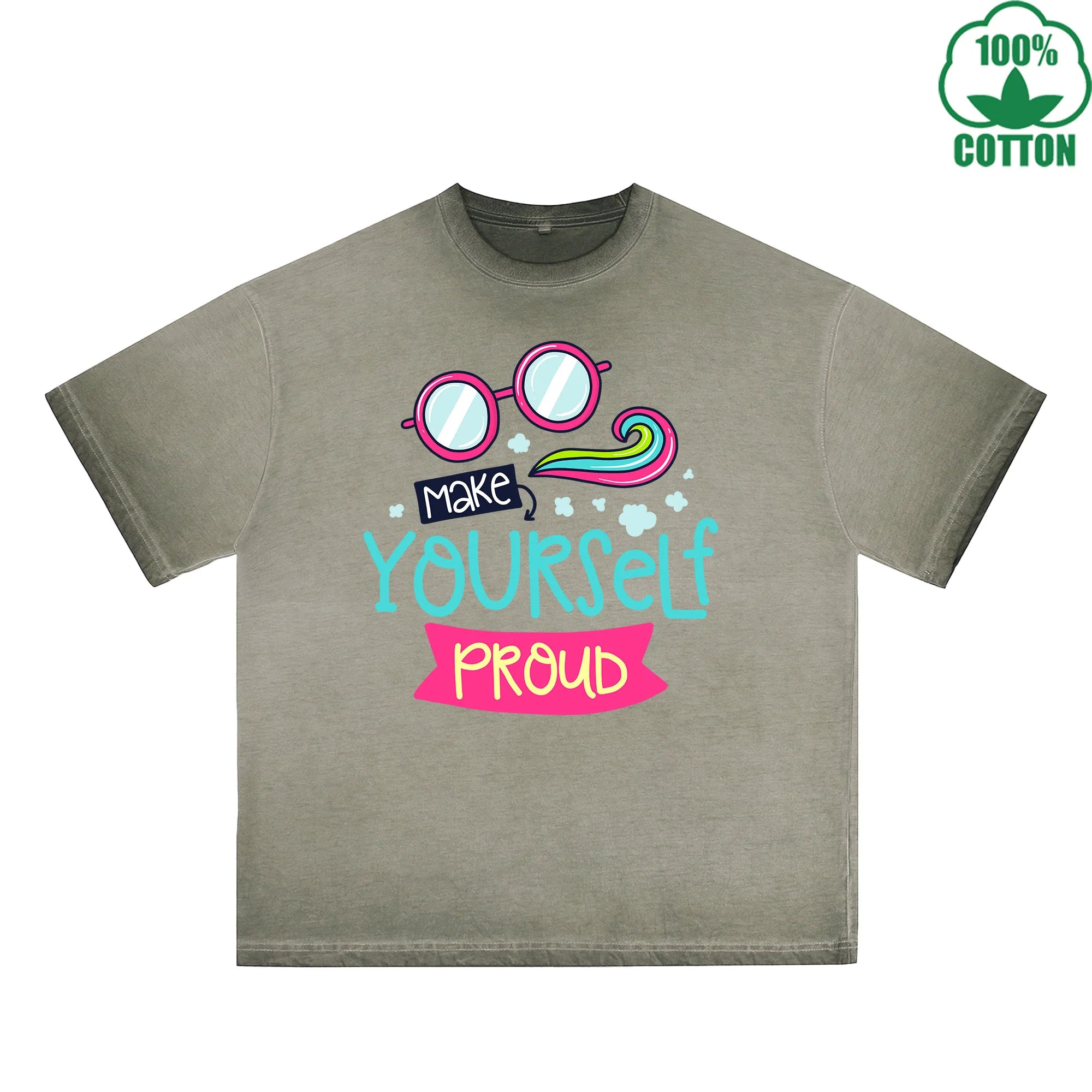 BOGGO  Make Yourself Proud Printed Dirty WashT-Shirt 230G Multicolor Loose Trendy Fashionable 100%Cotton Short Sleeve Top