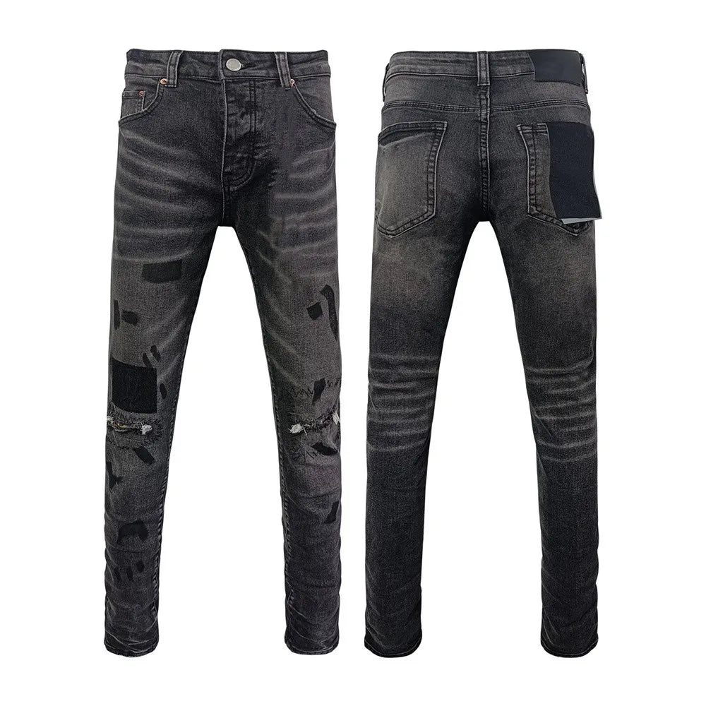 BOGGO Men Jeans Fashion Americans High street Retro wash black Splashing ink graffiti print Low Rise Elastic Skinny Jeans Brand pants