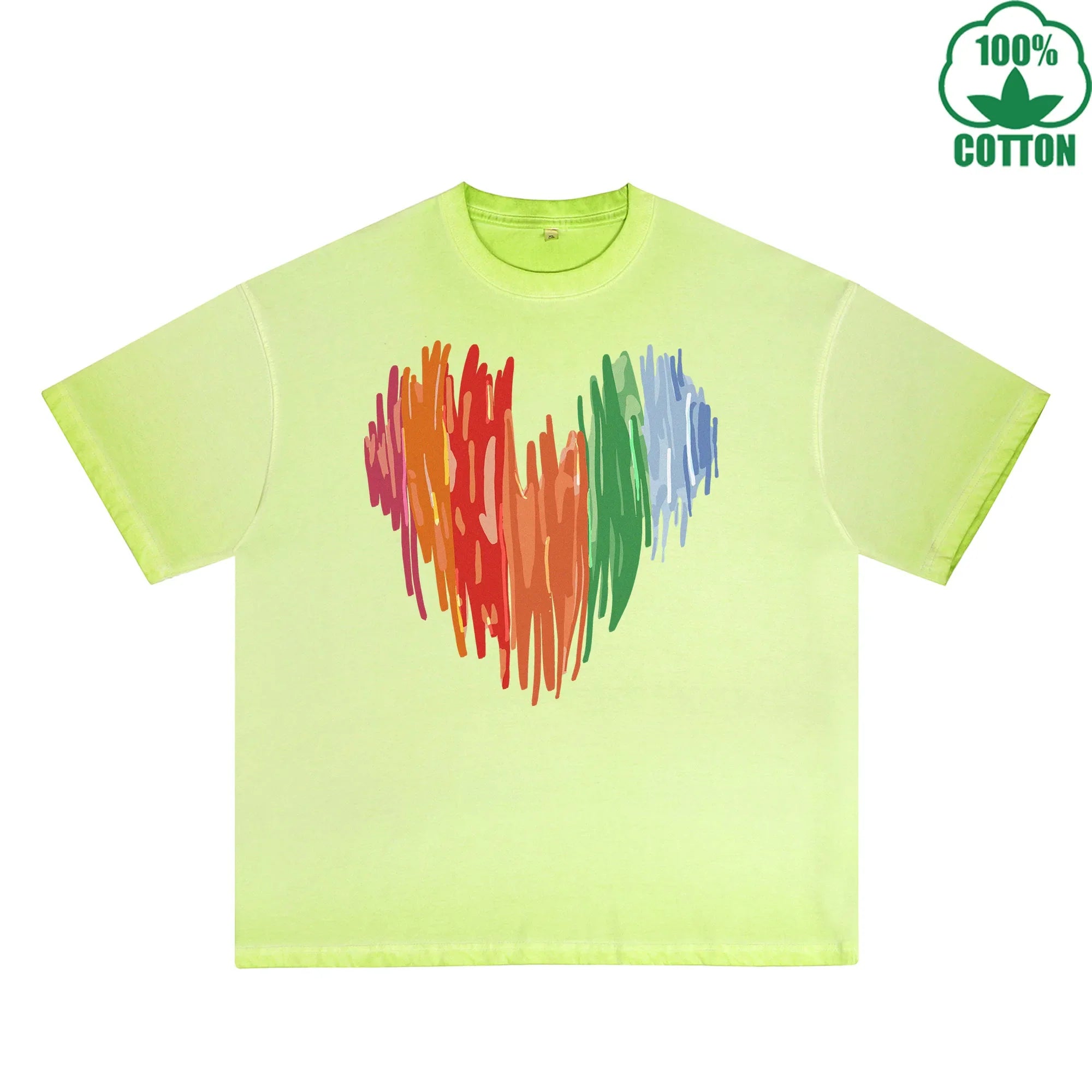 BOGGO  Colorful Heart Printed Dirty WashT-Shirt 230G Multicolor Loose Trendy Short Sleeves Fashionable 100%Cotton Top