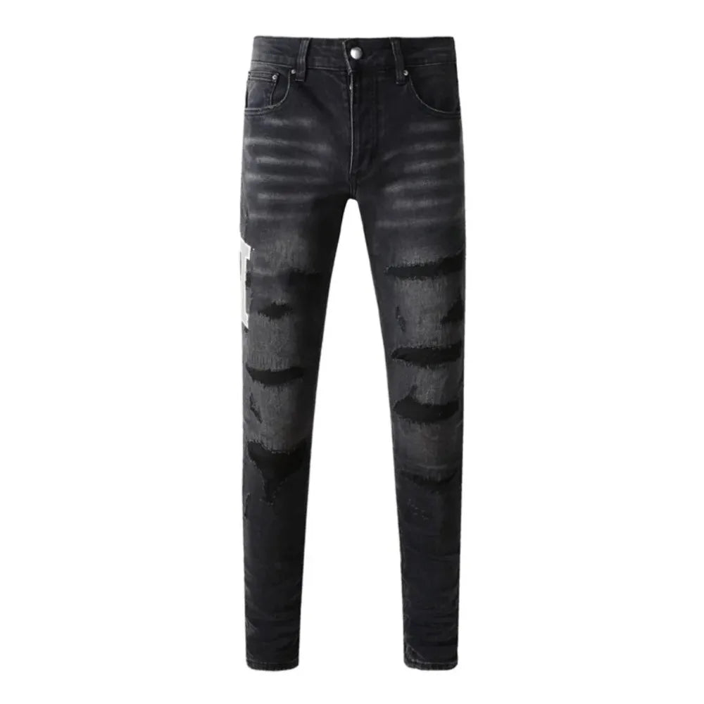 BOGGO Streetwear Men Jeans Fashion Trend American High Street Retro wash Low Rise Elastic Skinny Pleated Ripped Denim Pants