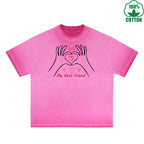 BOGGO  My Best Friend Printed Dirty Wash T-Shirt 230G Multicolor Loose Trendy Fashionable 100%Cotton Short Sleeve Top