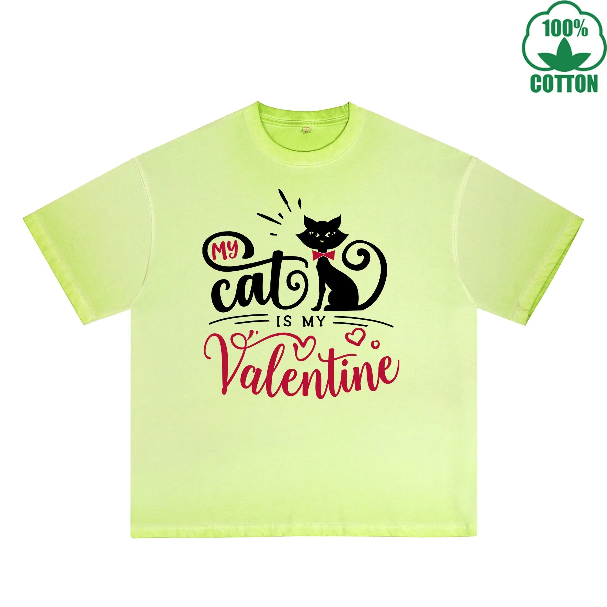 BOGGO  My Cat is My Valentine Printed Dirty Wash T-Shirt 230G Multicolor Loose Trendy Fashionable 100%Cotton Short Sleeve Top
