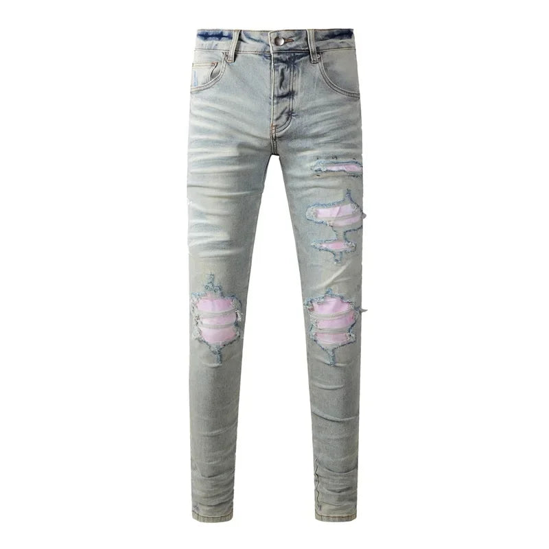 BOGGO Streetwear Men Jeans Fashion Trend American High Street Retro wash Low Rise Elastic Skinny Pleated Ripped Denim Pants