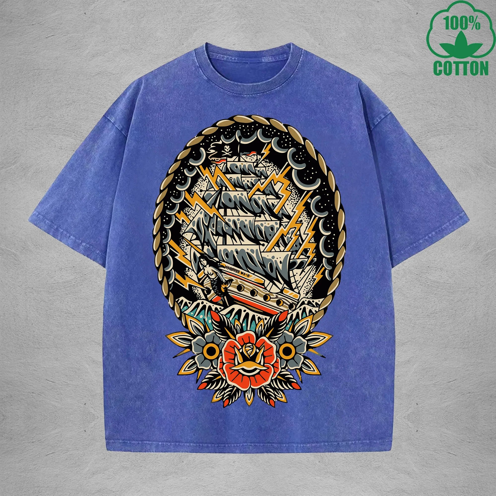 BOGGO  NavigationInterest Printed Washed T-Shirt 230G Multicolor Loose Trendy Fashionable 100%Cotton Short Sleeve Top