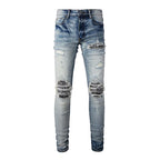 BOGGO Men Paisley Bandana Print Patch Jeans Streetwear High Stretch Denim Pants Holes Ripped Patchwork Skinny Tapered Trousers