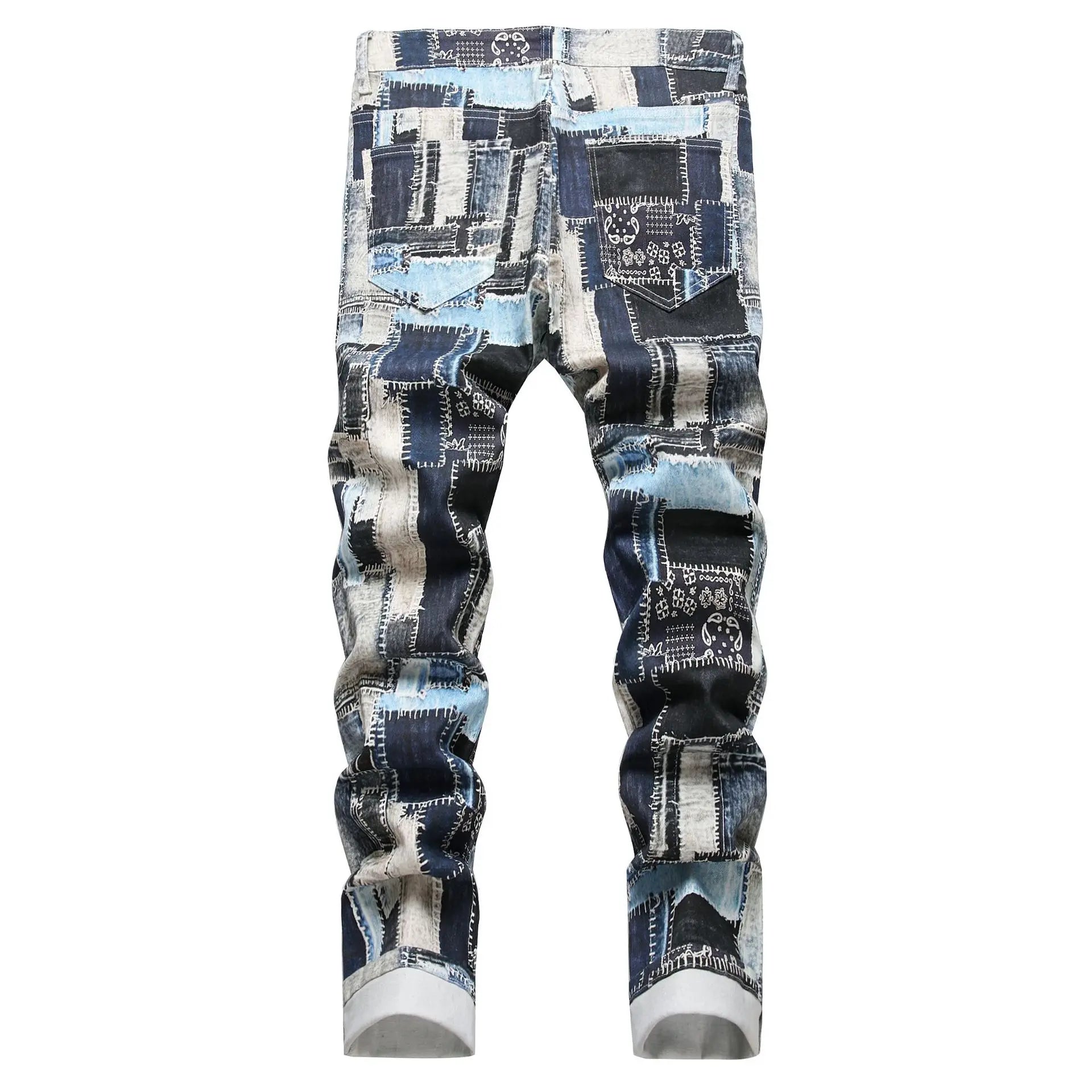 BOGGO Best-selling Men's Stretch Jeans, Blue Checkered Denim Pants, Casual Trousers in Asian Sizes.