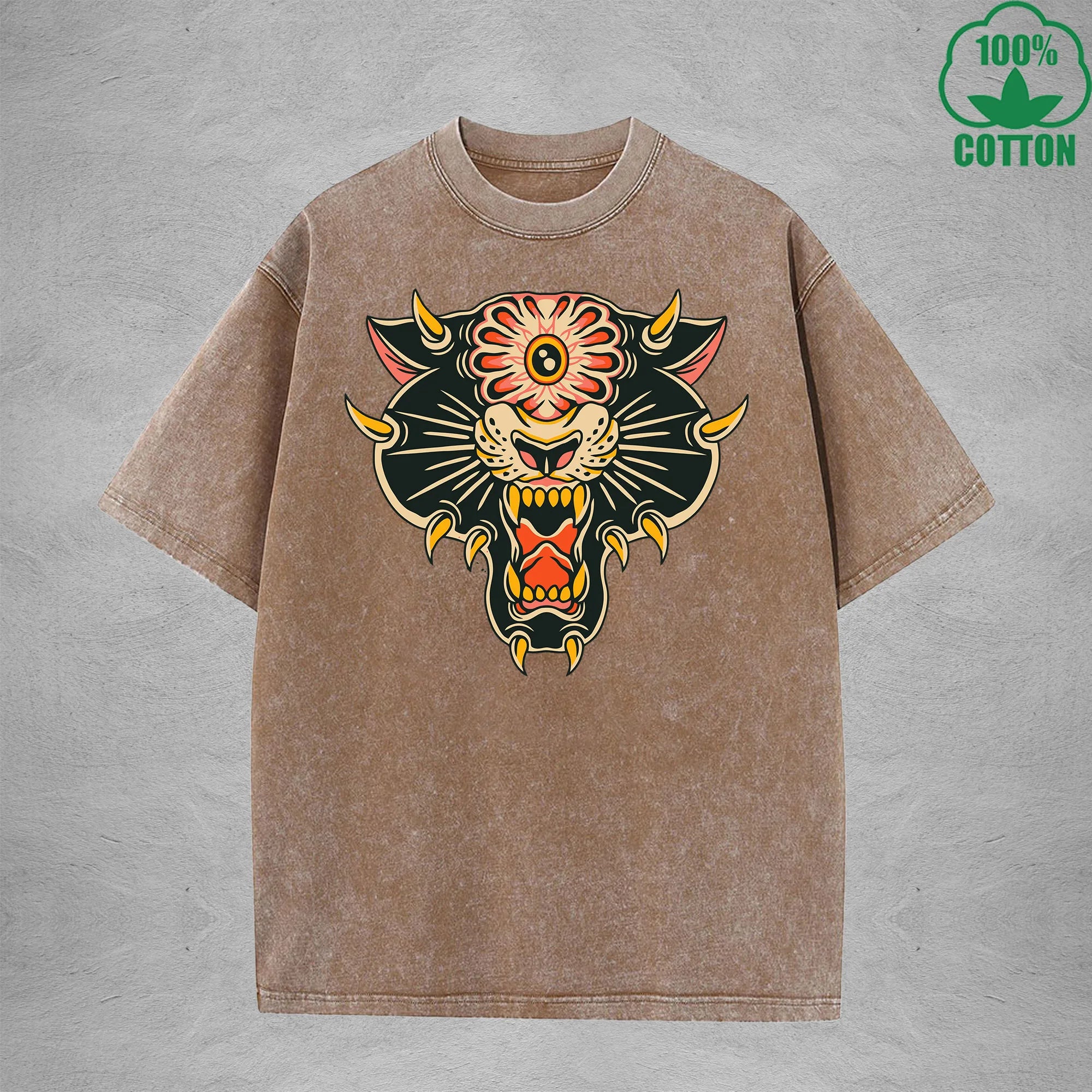 BOGGO  One Eyed TigerInterest Printed Washed T-Shirt 230G Multicolor Loose Trendy Fashionable 100%Cotton Short Sleeve Top