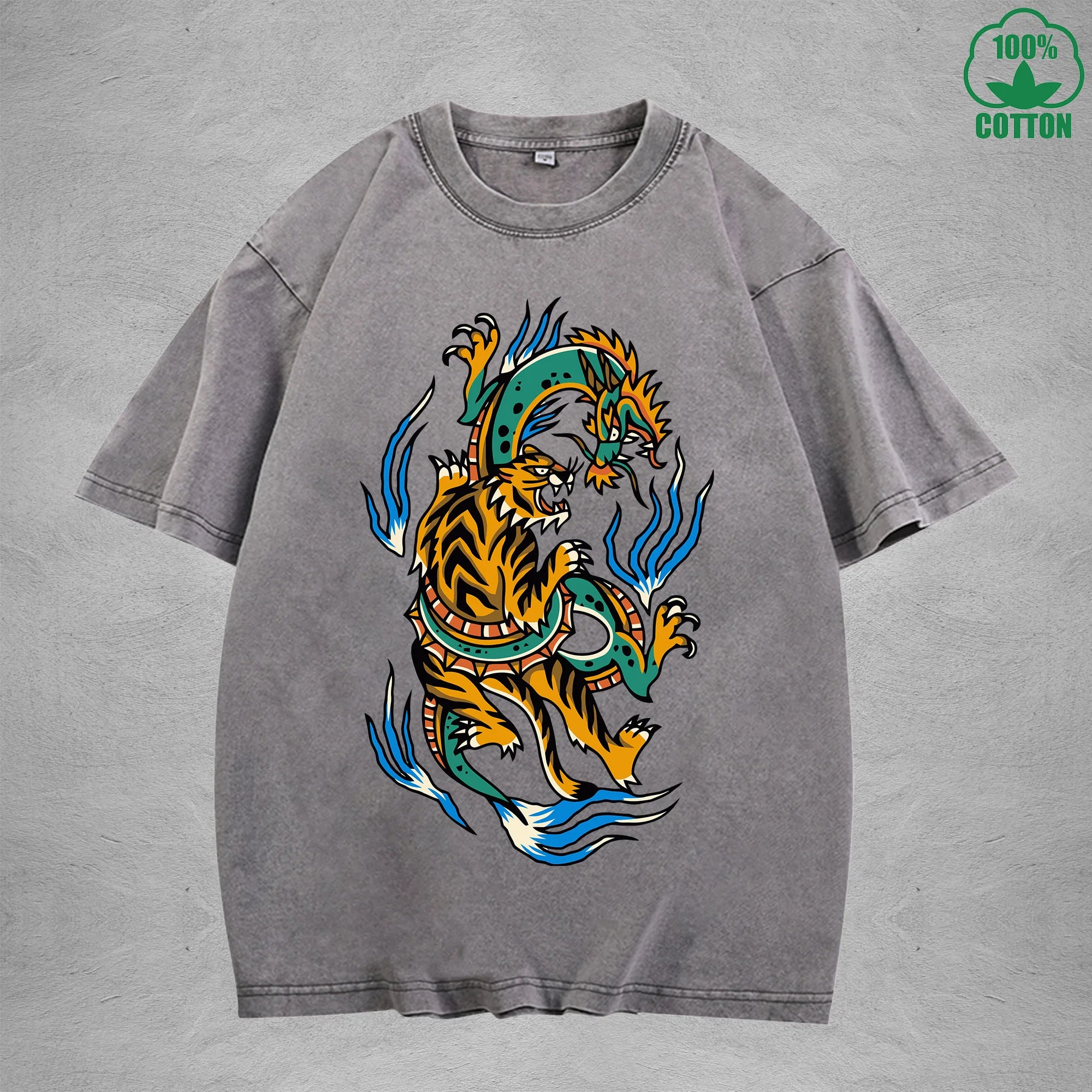 BOGGO  Dragon And TigerInterest Printed Washed T-Shirt 230G Multicolor Loose Trendy Fashionable 100%Cotton Short Sleeve Top