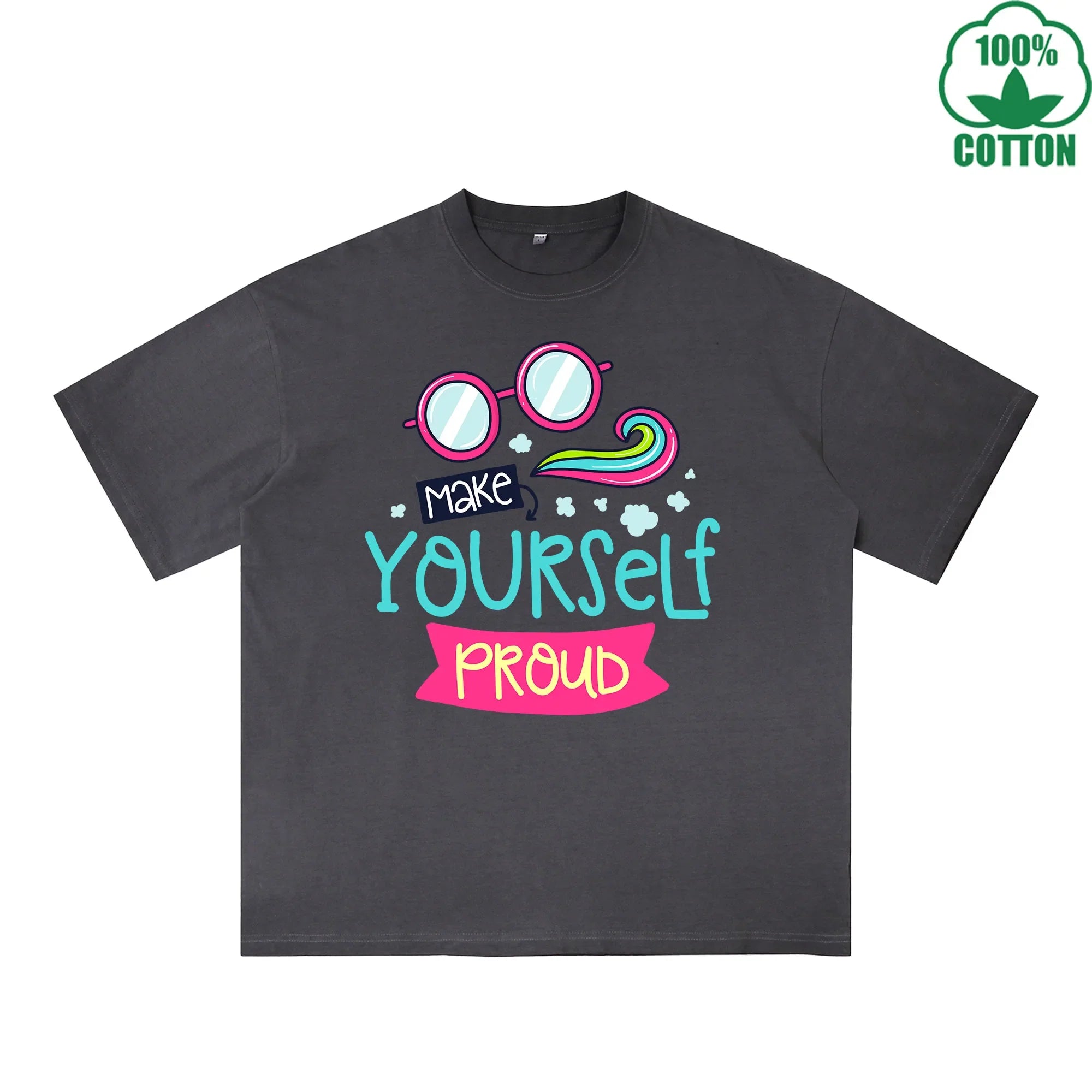 BOGGO  Make Yourself Proud Printed Dirty WashT-Shirt 230G Multicolor Loose Trendy Fashionable 100%Cotton Short Sleeve Top