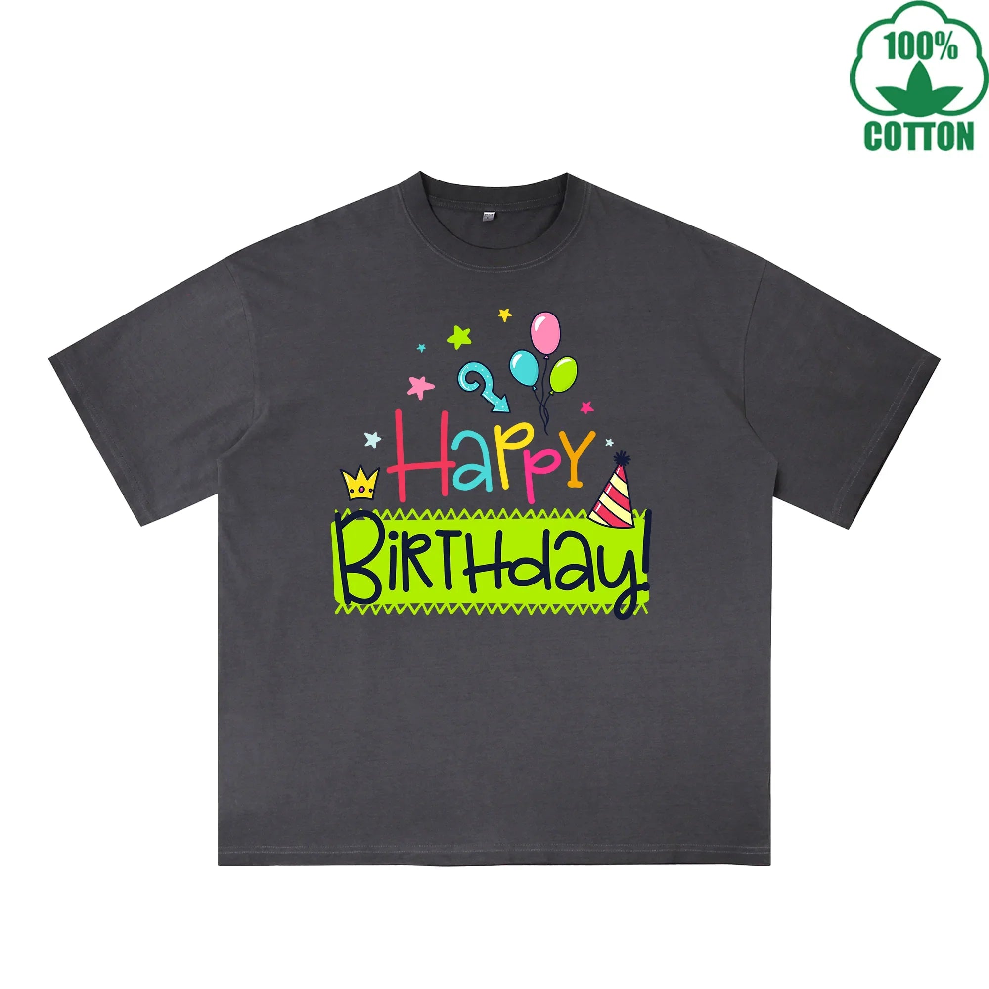 BOGGO  Happy Birthday Printed Dirty WashT-Shirt 230G Multicolor Loose Trendy Fashionable 100%Cotton Short Sleeve Top