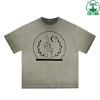 BOGGO  Crystal Ball Printed Dirty WashT-Shirt 230G Multicolor Loose Trendy Fashionable 100%Cotton Short Sleeve Top