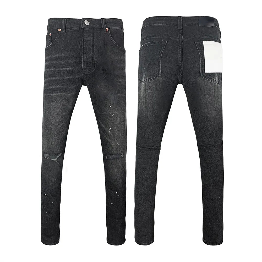 BOGGO Men Jeans Fashion Americans High street Retro wash black Splashing ink graffiti print Low Rise Elastic Skinny Jeans Brand pants