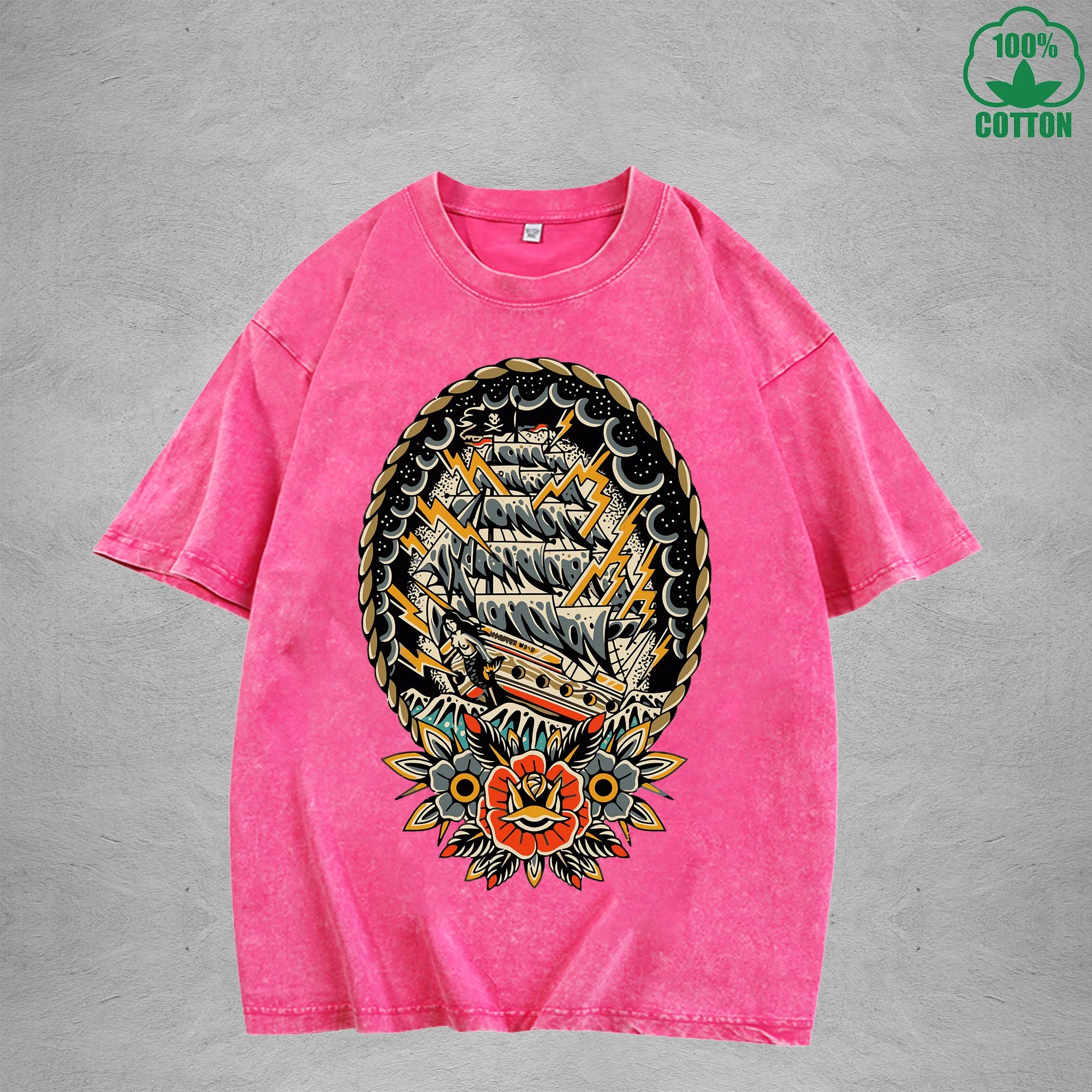 BOGGO  NavigationInterest Printed Washed T-Shirt 230G Multicolor Loose Trendy Fashionable 100%Cotton Short Sleeve Top