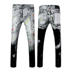 BOGGO Men Jeans Fashion Americans High street Retro wash black Splashing ink graffiti print Low Rise Elastic Skinny Jeans Brand pants