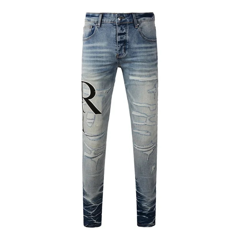 BOGGO Streetwear Men Jeans Fashion Trend American High Street Retro wash Low Rise Elastic Skinny Pleated Ripped Denim Pants