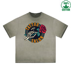 BOGGO  Skull Rose Printed Dirty WashT-Shirt 230G Multicolor Loose Trendy Fashionable 100%Cotton Short Sleeve Top