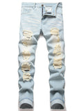 BOGGO Men's Vintage Light Blue Jeans Straight Loose Fit Distressed Cat Whisker Denim Pants Casual Streetwear High Quality Stretch 28-4