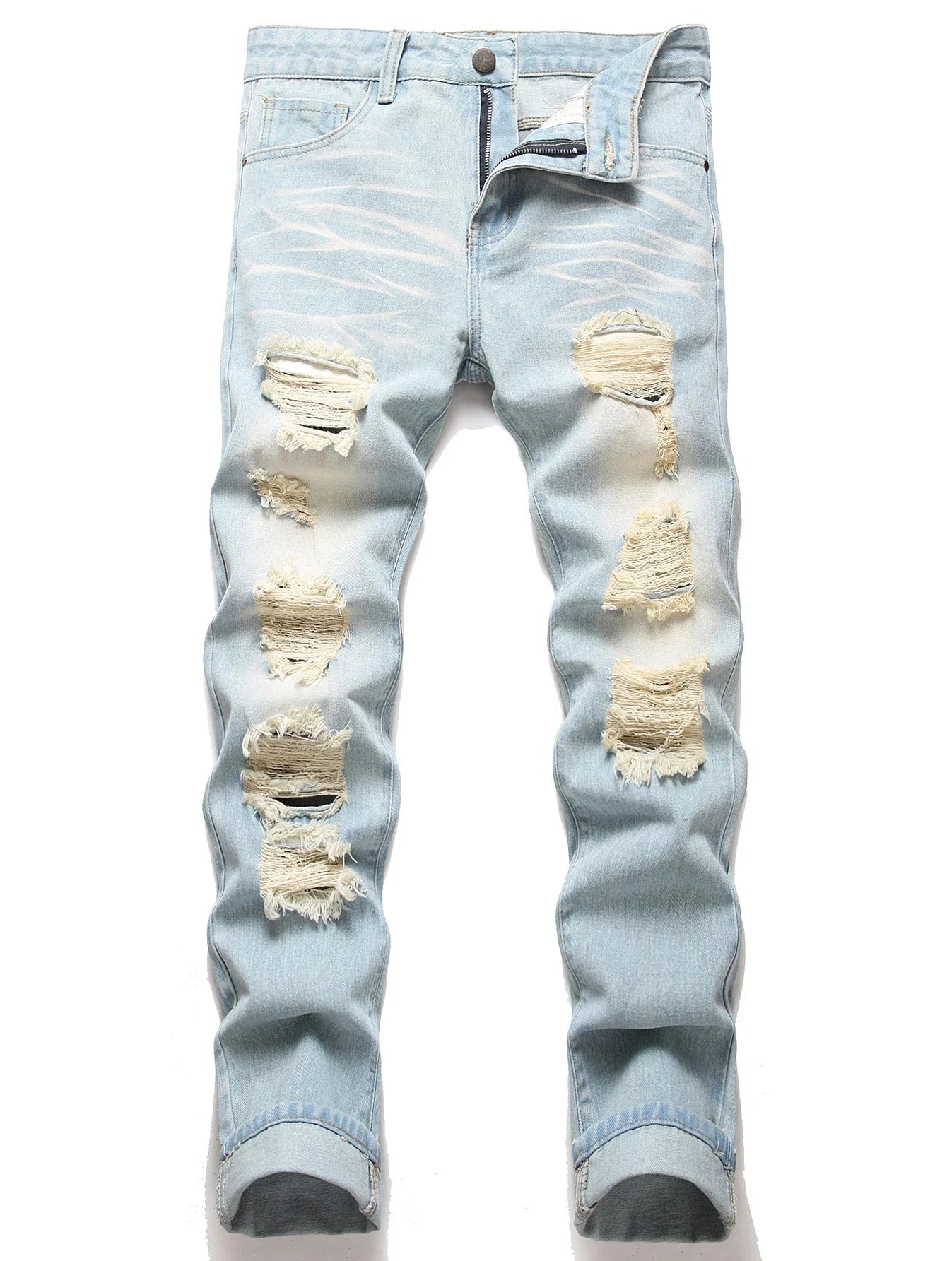 BOGGO Men's Vintage Light Blue Jeans Straight Loose Fit Distressed Cat Whisker Denim Pants Casual Streetwear High Quality Stretch 28-4