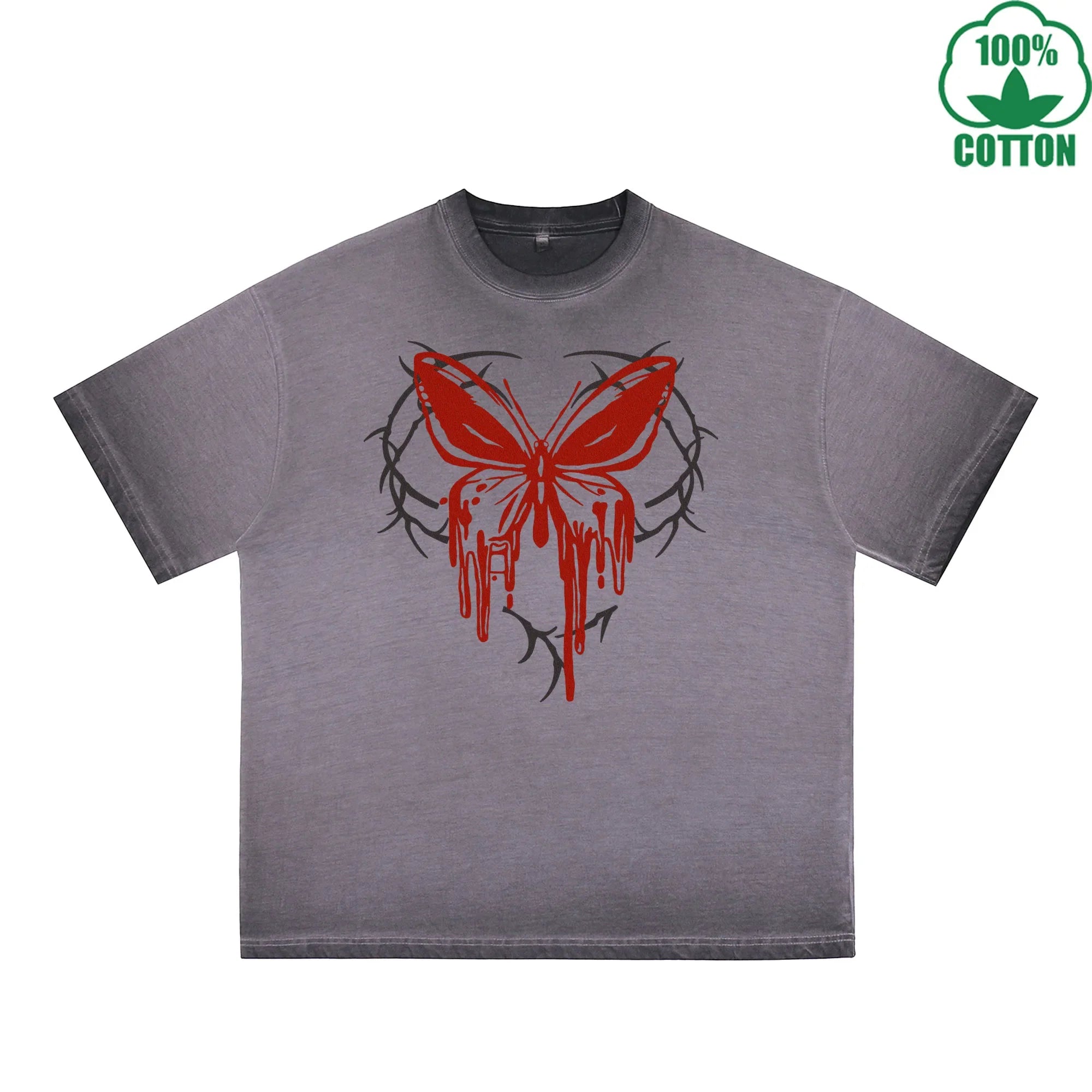BOGGO  Blood Butterfly Printed Dirty WashT-Shirt 230G Multicolor Loose Trendy Fashionable 100%Cotton Short Sleeve Top