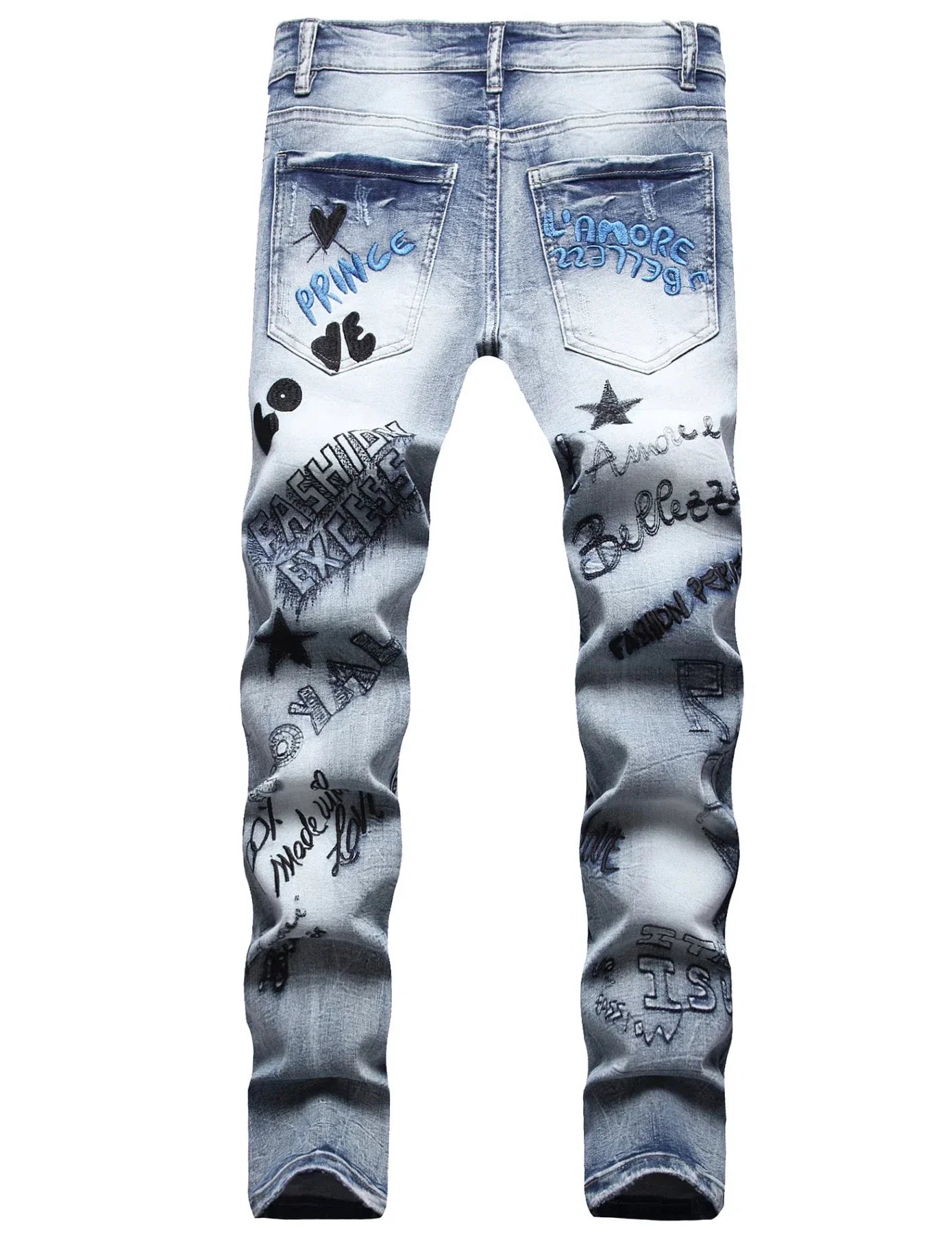 Hipster Guy Hip Hop Street Style Embroidery Stretch Slim Straight Leg Jeans Guy