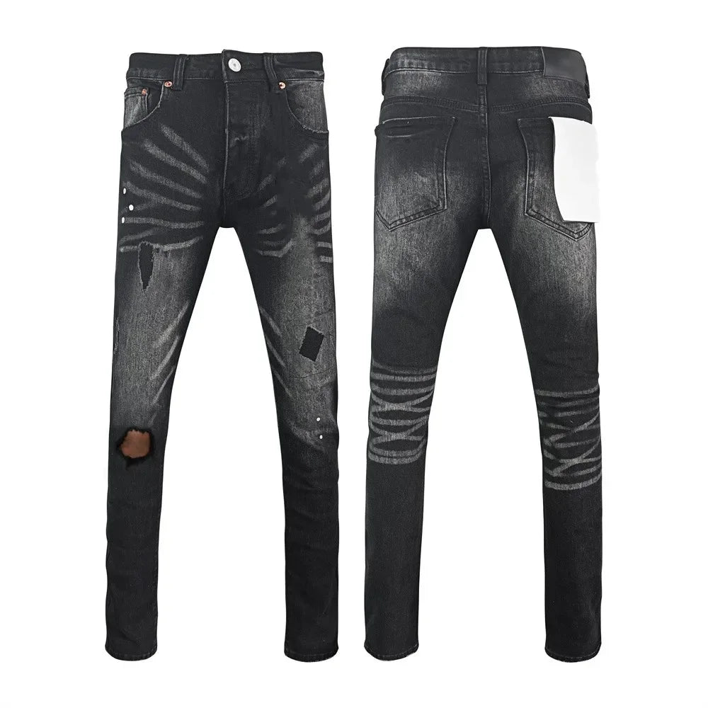 BOGGO Men Jeans Fashion Americans High street Retro wash black Splashing ink graffiti print Low Rise Elastic Skinny Jeans Brand pants