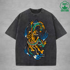 BOGGO  Dragon And TigerInterest Printed Washed T-Shirt 230G Multicolor Loose Trendy Fashionable 100%Cotton Short Sleeve Top