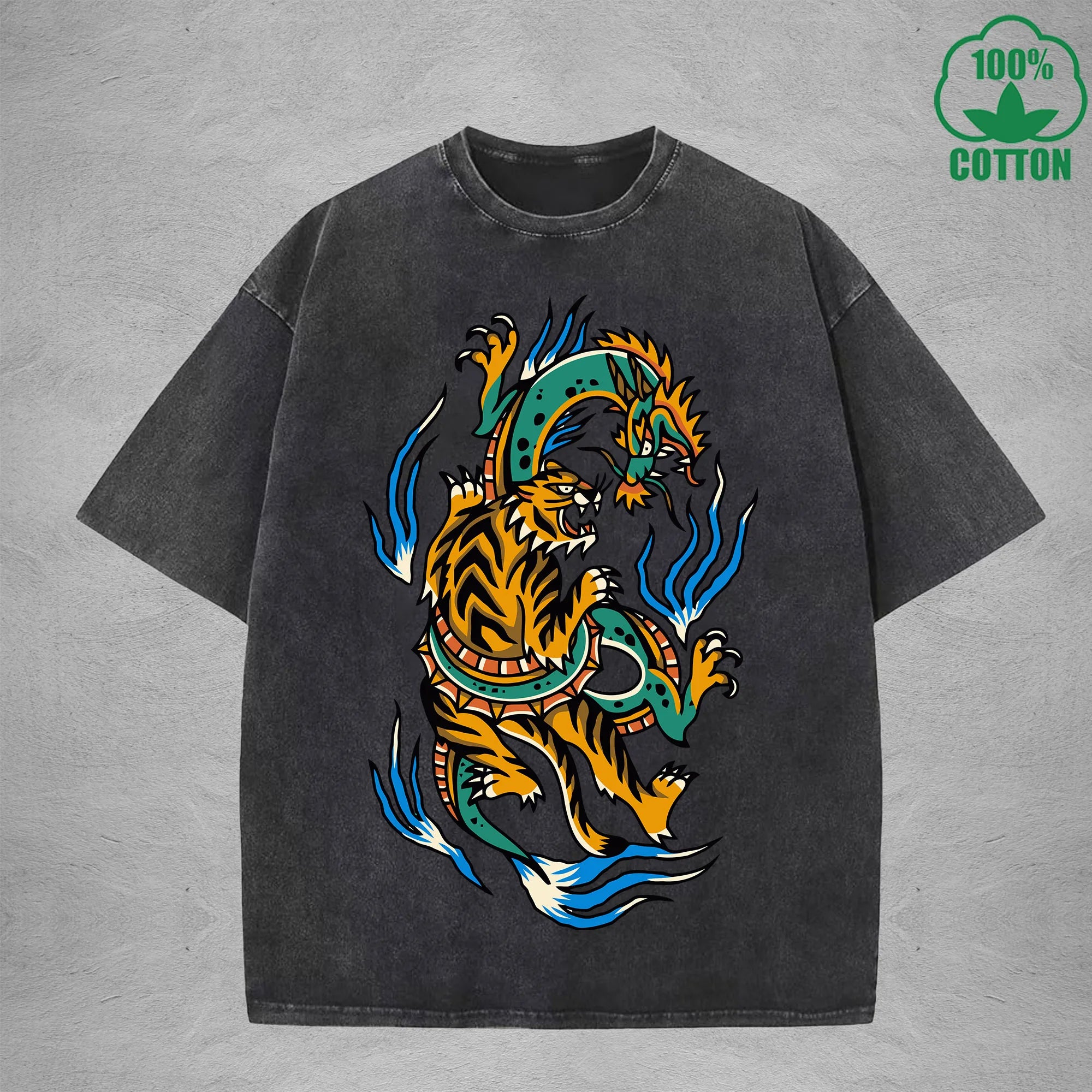 BOGGO  Dragon And TigerInterest Printed Washed T-Shirt 230G Multicolor Loose Trendy Fashionable 100%Cotton Short Sleeve Top