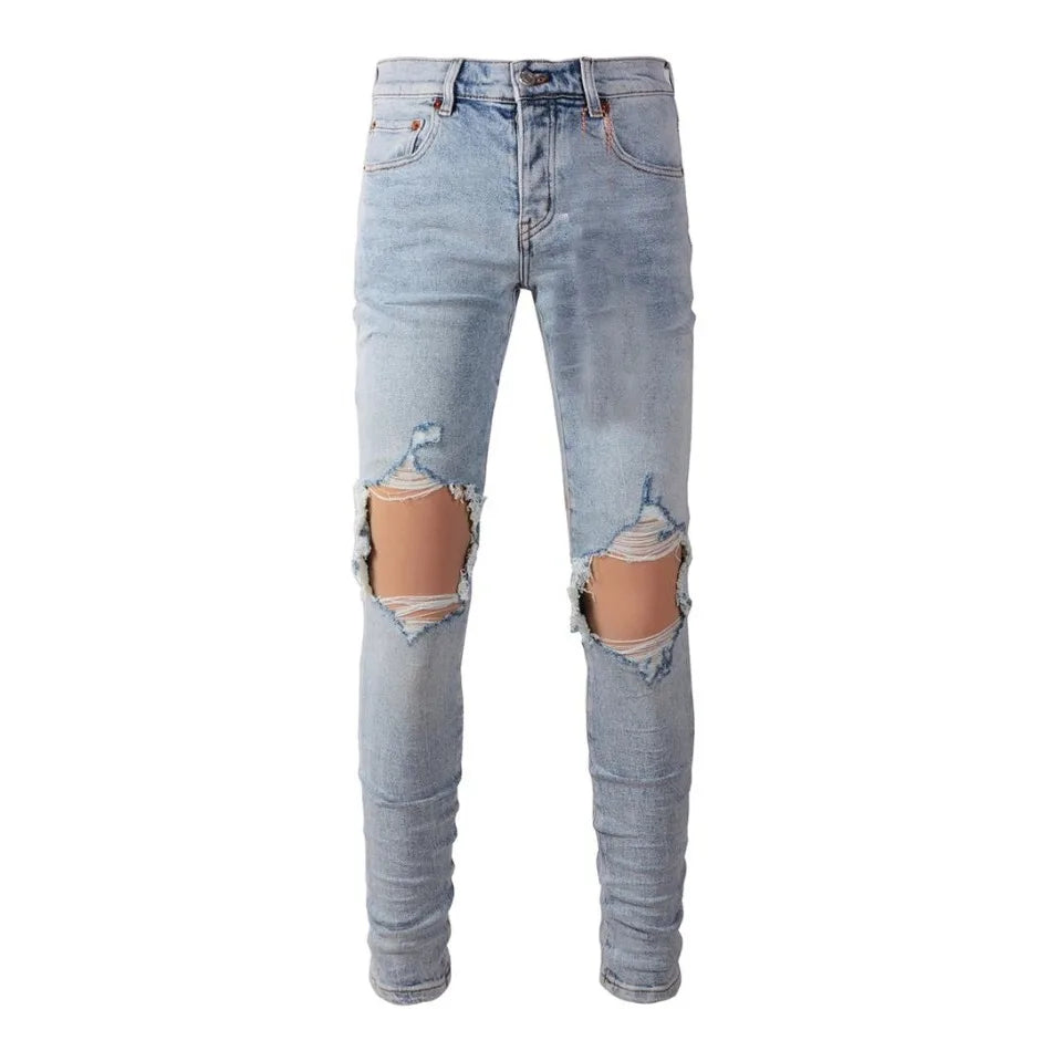 BOGGO High Street Men's Jeans American Distressed Dark Black Coated Blank Stretch Skinny Button Fly Ripped Pants Trousers