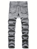 BOGGO Men¡®s Stretchy Denim Jeans Streetwear Tearing Patchwork Holes Ripped Denim Elastic Waist Casual Pants Slim fit Straight Trousers