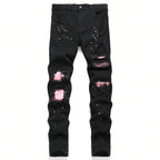 BOGGO Men y2k Stretchy Skinny Denim Jeans For Men Casual pants Ripped Patchwork Hole Slim Fit Denim Hip Hop Black Straight Trousers